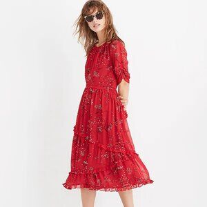 Madewell Windpoppy Ruffle Midi Dress in Windswept Floral Cranberry Size 10